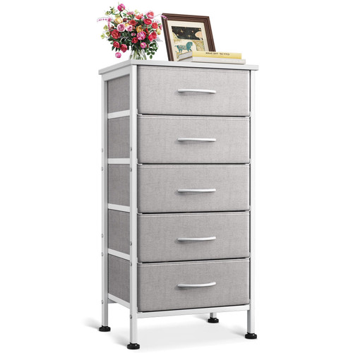 AODK Dresser for Bedroom with 5 Storage Drawers, 31" Small Dresser Chest of Drawers Fabric Dresser with Sturdy Steel Frame, Light Grey