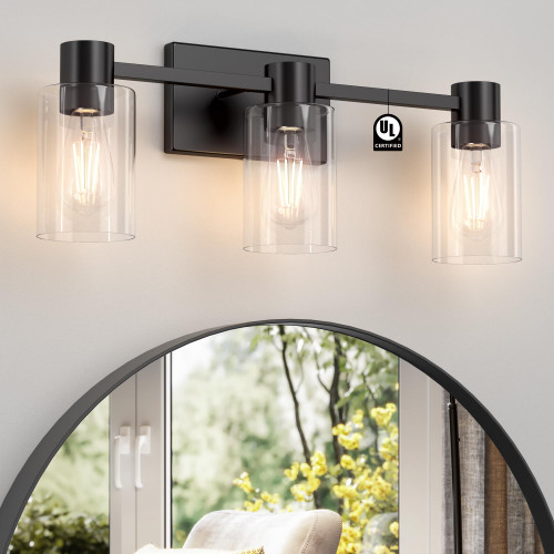 Esfos 3-Light Matte Black Wall Sconces for Bathroom, Modern Vanity Light Fixtures Over Mirror, Wall Lamp with Clear Glass Shade, E26 Wall Sconces Over Mirror for Bathroom, Living Room, Hallway Esfos 3-Light Matte Black Wall Sconces for Bathroom, Modern Vanity Light Fixtures Over Mirror, Wall Lamp with Clear Glass Shade, E26 Wall Sconces Over Mirror for Bathroom, Living Room, Hallway