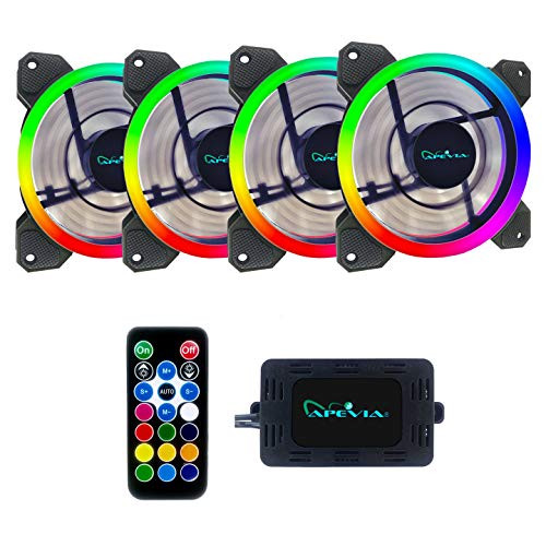 Apevia 412L-RGB Spectra 120mm Silent Dual Ring Addressable RGB Color Changing LED Fan for Gaming with Remote Control, 16x LEDs & 8x Anti-Vibration Rubber Pads (4-pk)