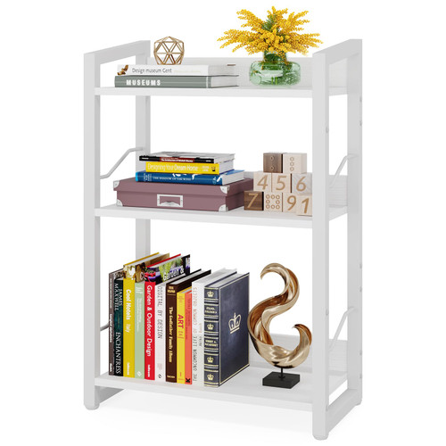 Hosfais Book Shelf Small Bookshelf - 3-Tier Wood Bookcase Industrial Bookshelf Metal Narrow Bookshelves Storage Organizer Display Rack for Bedroom Living Room Home Office (White)