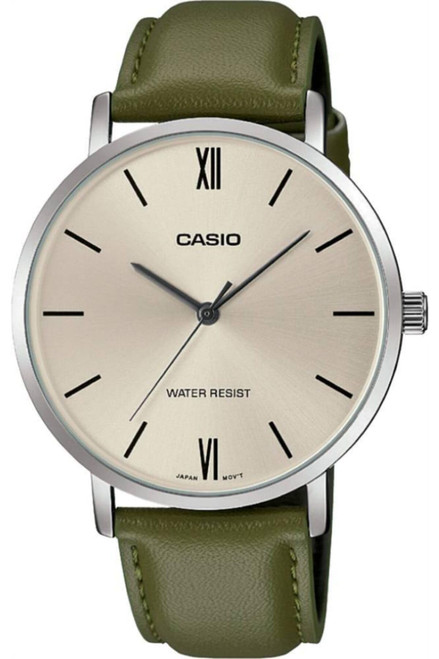 Casio MTP-VT01L-3B Men's Minimalistic Silver Dial Green Leather Band Analog Watch