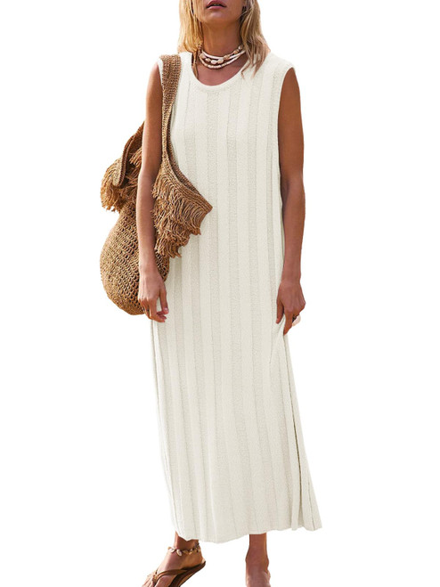 Fisoew Women's Summer Sleeveless Maxi Dress Scoop Neck Ribbed Knit Tank Top Dresses White Fisoew Women's Summer Sleeveless Maxi Dress Scoop Neck Ribbed Knit Tank Top Dresses White