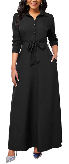 MsavigVice Black Maxi Dresses for Women V Neck Long Sleeve Button Down Loose Maxi Dress with Belt