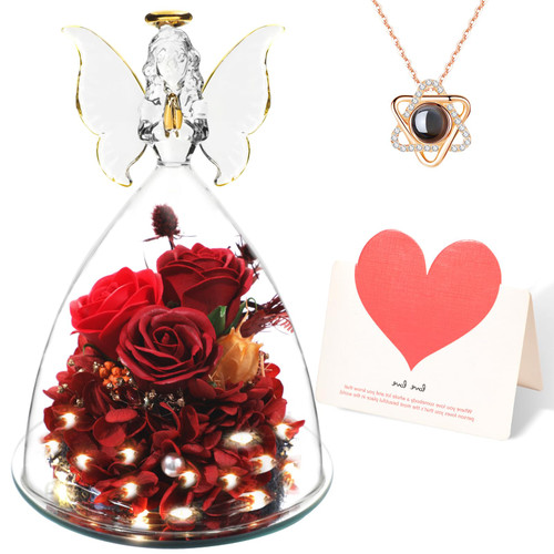 Red Roses Forever Flowers in Glass Angel Figurines Gifts for Women Mom Grandma Her Sister Friend, Preserved Rose as Mothers Day Flowers Gifts, Moms Gifts, Birthday Gifts for Women, Anniversaries Gifts