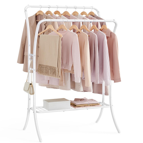 SONGMICS Clothes Rack,Clothing Rack with Shelves,Garment Racks Heavy Duty,Double Rod Clothes Rack with 6 Hooks, Clothes Storage and Display,for Living Room,Bedroom, Cloud White UHSR109W01