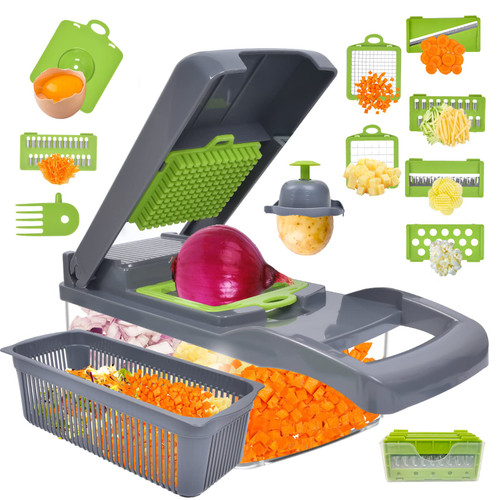 Vegetable Chopper 12 in 1 Multifunctional purpose vegetable slicer Gray vegetable cutter Veggie Chopper Onion Chopper with container food chopper