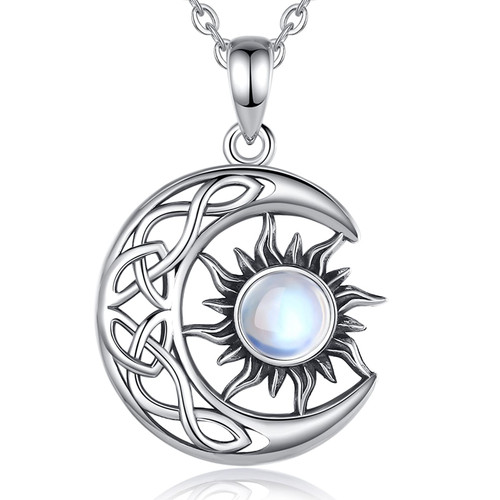 Vito Celtic Moon and Sun Necklace for Women, Sterling Silver Vintage Crescent Pendant Oxidized Moonstone Jewelry Gift for Girls Wife, 18 Inch Chain