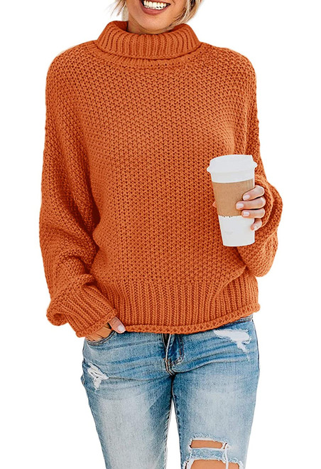 ZESICA Women's 2024 Fall Long Sleeve Turtleneck Casual Loose Chunky Knitted Pullover Sweater Jumper Tops,Orange,Medium