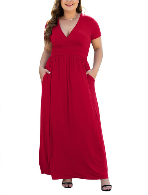 HAOMEILI Women L-5XL Short Sleeve Casual Plus Size Maxi Dresses with Pockets 5XL-Red
