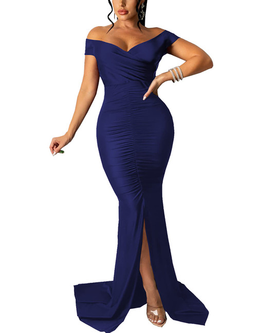 Women's Sexy Off Shoulder Party Dress High Split Mermaid Long Formal Dresses Evening Gown