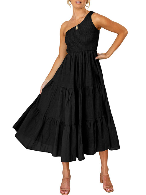 ANRABESS Womens 2024 Spring Maxi Dress Casual One Shoulder Sleeveless Smocked Ruffle Tiered Flowy Boho Sun Dresses Summer Fashion Trendy Beach Vacation Outifts Black 493heise-S