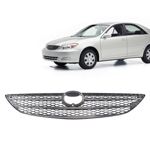 JustDrivably Replacement Parts Front Grille Grill Assembly With Chrome Molding With Silver Gray Insert Compatible With Toyota Camry 2002 2003 2004