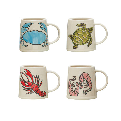 Creative Co-Op Stoneware Coastal Designs, Set of 4 Styles, Multicolor Mug, Multi
