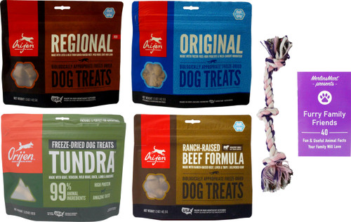 Orijen Freeze Dried Biologically Appropriate Dog Training Treats 4 Flavor Variety, (1) Each: Original, Regional Red, Beef, Tundra (1.5 Ounces) Plus Rope Toy and Fun Animal Facts Booklet Bundle