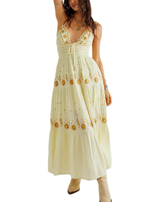 Argeousgor Boho Flowy Maxi Dress for Women Spaghetti Strap Open Back Embroidered Tiered Swing Summer Long Dress(01-Halter Backless Yellow,S)