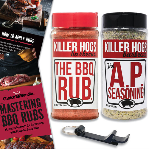 Killer Hogs Premium BBQ Barbecue Rub & Seasoning Choice Bundle 2pk (25 oz) I Killer Hogs The BBQ Rub & Killer Hogs AP Seasoning I Plus BBQ Guide and Keychain Bottle Opener (4 Items)!