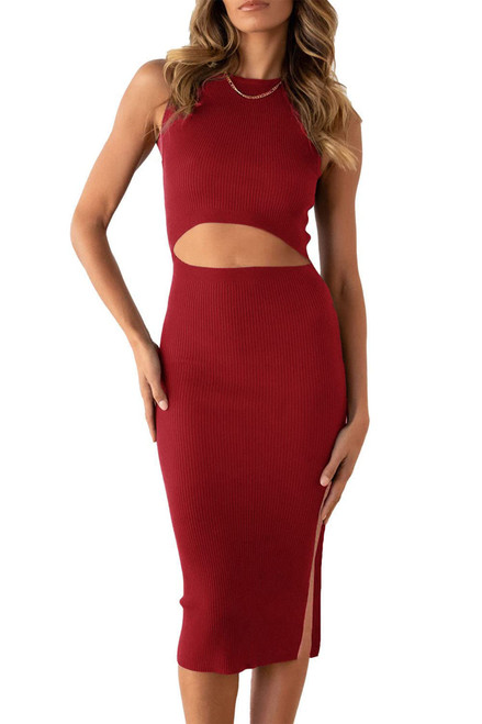 PRETTYGARDEN Women's Summer Midi Bodycon Dresses Casual Crew Neck Side Slit Sleeveless Knit Cut Out Tank Top Dress (Red,Small)