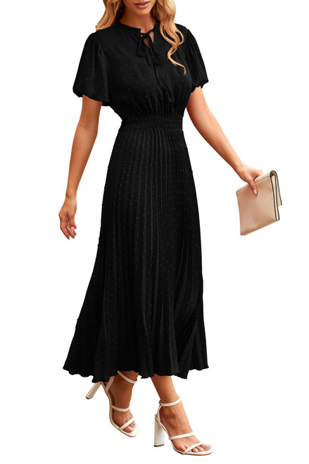 PRETTYGARDEN Womens Summer Midi Dresses Puff Short Sleeve V Neck Swiss Dot Pleated A Line Flowy Long Wedding Guest Dress (Black,Medium) PRETTYGARDEN Womens Summer Midi Dresses Puff Short Sleeve V Neck Swiss Dot Pleated A Line Flowy Long Wedding Guest Dress (Black,Medium)