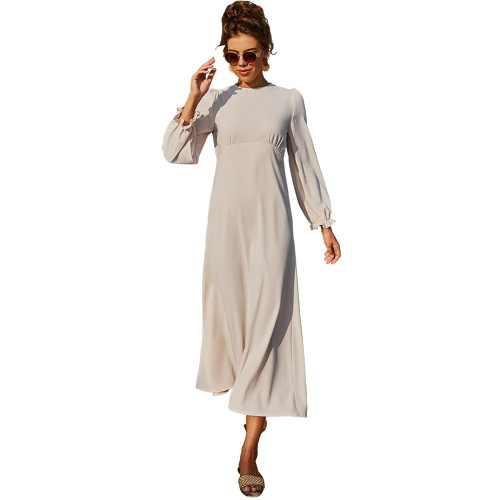 ABEWIP Modest Formal Dresses for Women Long Sleeve Empire Waist A Line Swing Flowy Long Maxi Dress White