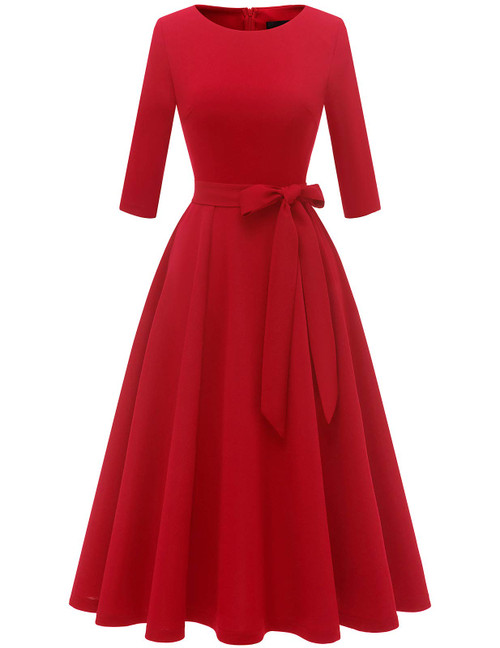 DRESSTELLS Vintage Tea Dress for Women, 1950s Cocktail Party Dresses, Modest Bridesmaid Dress for Wedding Guest, 3/4 Sleeve Formal Aline Church Dress, Fit Flare Prom Dress Red S