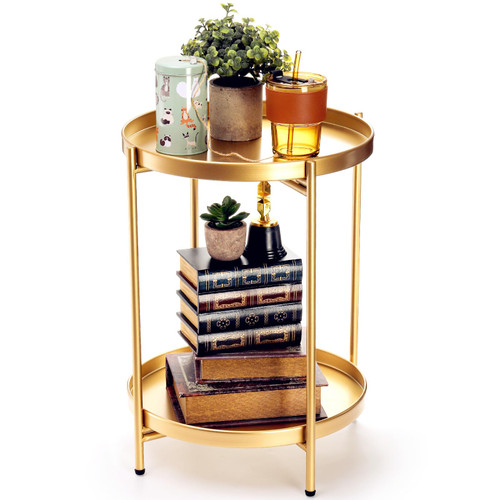 Tebery Gold Metal 2-Tier End Table Round Side Table with Removable Tray, Small Sofa Coffee Accent Table Folding Nightstand for Living Room Bedroom Balcony and Office Tebery Gold Metal 2-Tier End Table Round Side Table with Removable Tray, Small Sofa Coffee Accent Table Folding Nightstand for Living Room Bedroom Balcony and Office