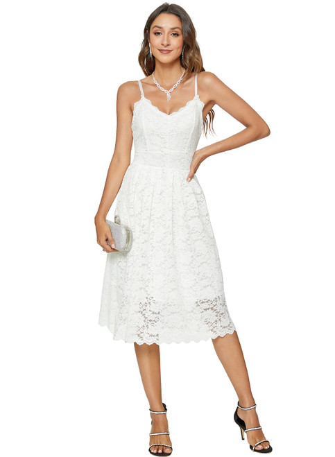 Riatobe Womens Lace Floral Overlay V Neck Sexy Sleeveless Cocktail Party Swing Wedding Dresses White Riatobe Womens Lace Floral Overlay V Neck Sexy Sleeveless Cocktail Party Swing Wedding Dresses White