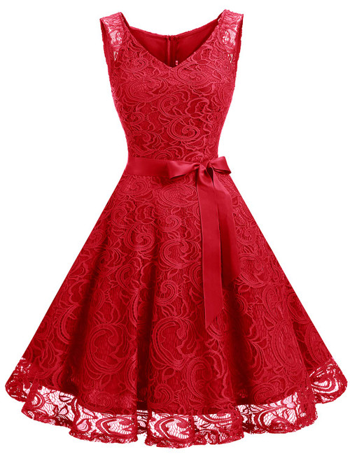 Dressystar 0010 Women Floral Lace Bridesmaid Party Dress Short Prom Dress V Neck Red S Dressystar 0010 Women Floral Lace Bridesmaid Party Dress Short Prom Dress V Neck Red S