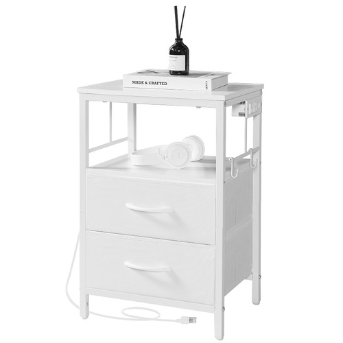 MOFAIN Nightstand with Charging Station, Side Table with Fabric Drawers and Open Shelf, Night Stand for Bedroom Decor, Bedside Table with USB Ports & Outlets (White,1)