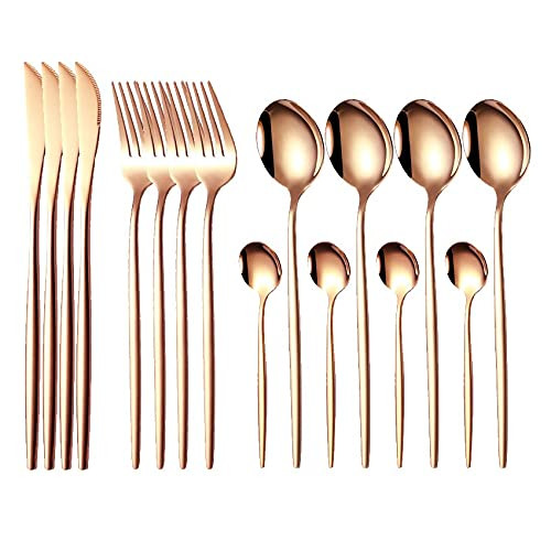 Silverware Flatware Set, 16PCS Cutlery Set Stainless Steel Flatware Set Knife Fork Spoon Silverware Tableware Set Kitchen Dinnerware Serves for 4 (Color : Rose Gold)