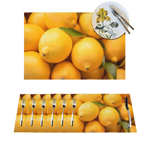 Placemats Set of 6 PCS Table Mats for Kitchen Woven Placemat Yellow Ripe Lemon Place Mats Washable Placemats for Kitchen Heat Resistant Non-Slip Dining Table Mats for Indoor and Outdoor