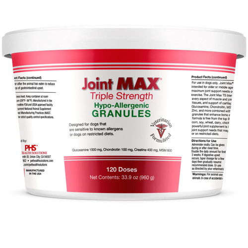 Joint MAX Triple Strength HA Granules for Dogs, Glucosamine, Chondroitin, Creatine, MSM and Antioxidants - Hip and Joint Support Supplement, 120 Doses