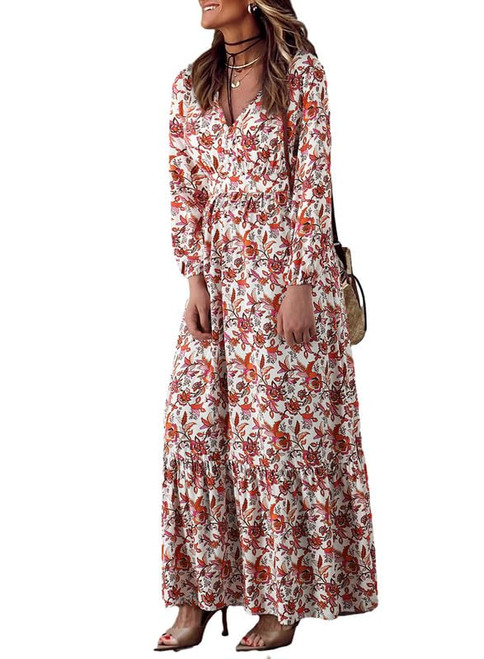 Dokotoo Womens Sun Dresses Casual Fall Maxi Dress Long Puff Sleeve Sexy V Neck Ruffle A Line Flowy Boho Beach Dress for Wedding Guest Large