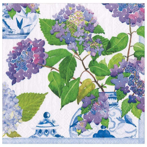 Caspari Hydrangeas and Porcelain Paper Dinner Napkins - Four Packs of 20