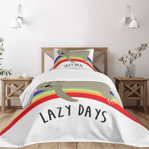 Ambesonne Sloth Bedspread, Lazy Days Phrase with Carefree Sloth on Rainbow Happiness Relaxation Theme, Decorative Quilted 2 Piece Coverlet Set with Pillow Sham, Twin Size, Soft Beige