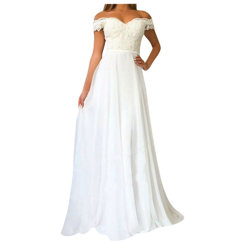 Women's Off The Shoulder Prom Dresses White Floral Lace Long Wedding Dress Chiffon Formal Evening Party Gowns