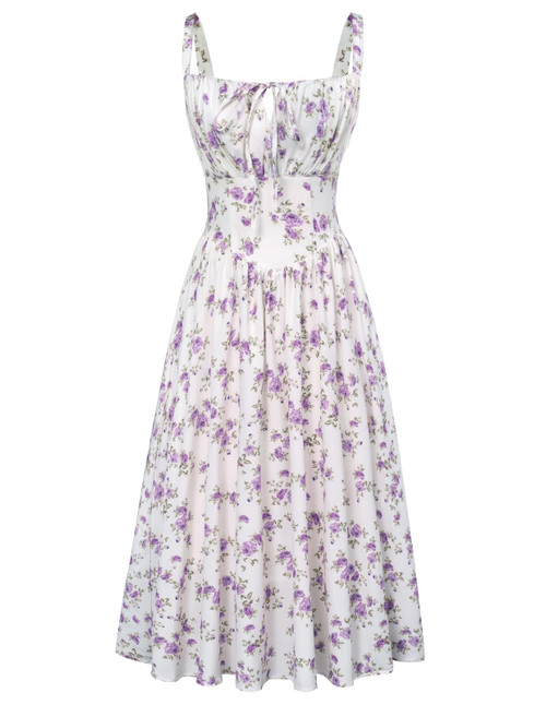 Floral Corset Dress for Women Ruched Bust Summer Sleeveless Sun Dress Purple M