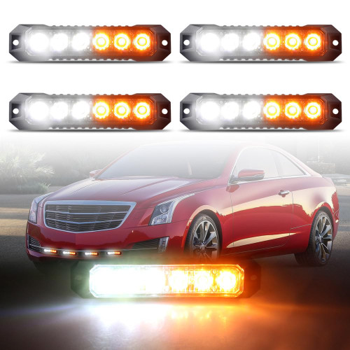 Raryloy 6-LED Surface Mount Strobe Lights for Trucks Car Vehicle Mini Grille Flashing Light Head Emergency Hazard Warning Grill Lamp Ultra Slim 4pcs Sync Feature (Amber&White)