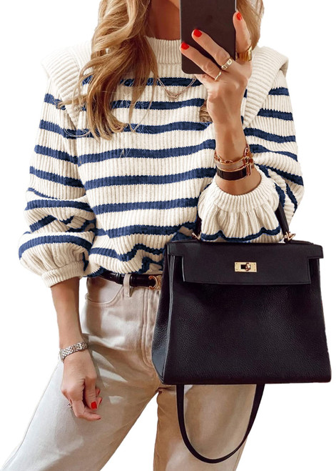 PRETTYGARDEN Women's Sweaters Casual Long Lantern Sleeve Crewneck Ribbed Knit Pullover Striped Jumper Tops Blouse (Striped Blue,Small)