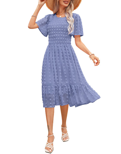 2024 Women Round Neck Smocked Beach Dress Short Flutter Sleeve Swiss Dot Casual Swing Flowy Ruffle Midi Summer Dress Blue M