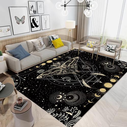 Youshosho Black Gold Moth Area Rug Moon Phase Moonlit Rug Gothic Black Butterfly Celestial Sun Moon Rug Starry Sky Floral Carpet Aesthetic Art Home Decor