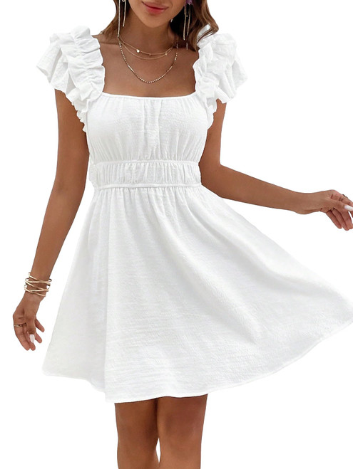 MakeMeChic Women's Ruffle Sleeveless Summer Sundress Square Neck High Waisted A Line Flared Mini Short Tank Dress White Medium