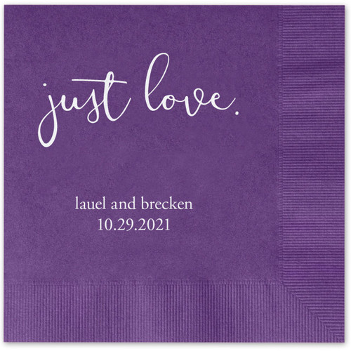 Just Love Personalized Beverage Cocktail Napkins - 100 Custom Printed Purple Paper Napkins with choice of foil