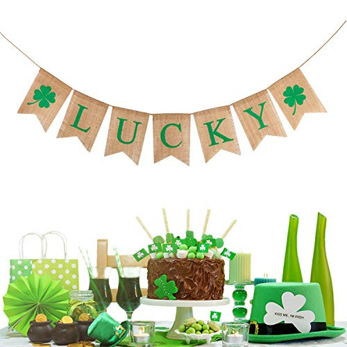 Tanlee Lucky Burlap banners St. Patrick's Day Banners Irish Shamrock Clover Banners for St. Patrick's Day Decorations