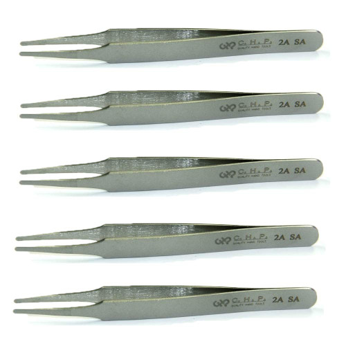 Hakko CHP 2A-SA Stainless Steel Non-Magnetic Precision Tweezers with Rounded Tips, Thin Tapered Tines, 4-3/4" Length (5 Pack)