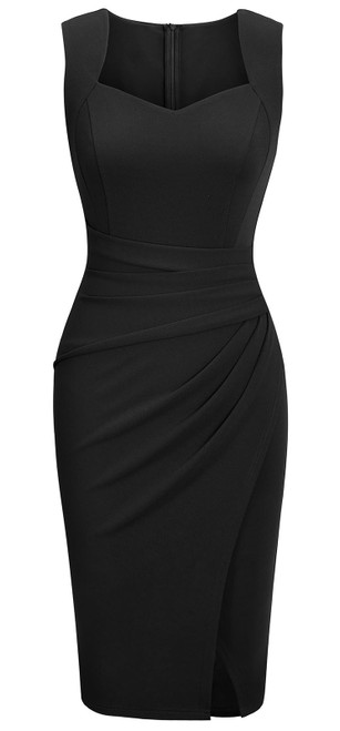 IHOT Women Dress for Wedding Guest V Neck Sleeveless Ruched Sheath Wrap Midi 1950s Funeral Work Cocktail Party Dress for Special Occasions Black Large