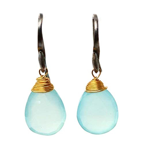 blue chalcedony drops faceted earrings with oxidized sterling silver hooks