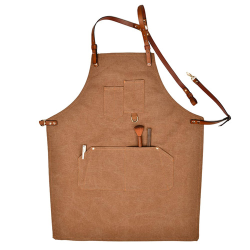 HQPCAHL Work Apron Chef Apron for Women And Men Apron with Adjustable Leather Cross Back Strap And Large Pockets,One Size,Brown