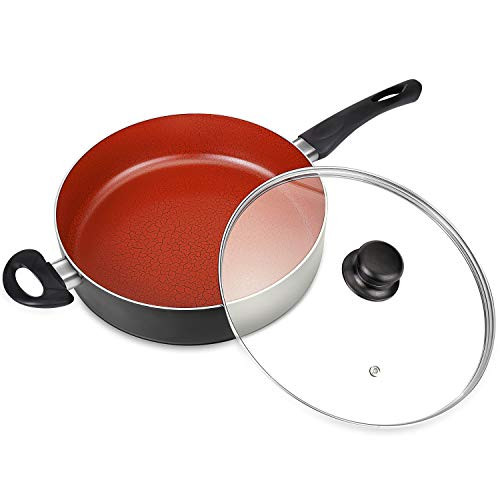 MICHELANGELO 5 Quart Induction Saute Pan with Lid, Ultra Nonstick 11 Inch Deep Skillet with Lid, Nonstick Saute Pan, Titanium Skillet 11 Inch, Nonstick Deep Pan, Induction Compatible - Red