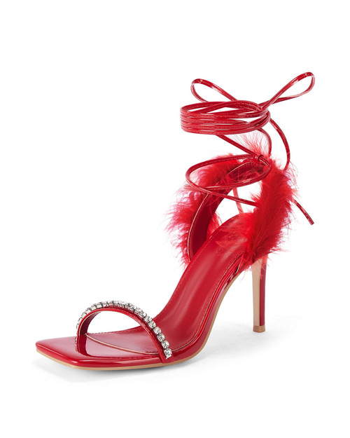 Coutgo Womens Strappy Lace up Heels Sandals Rhinestone Sexy Stiletto High Heel Party Wedding Dress Shoes Red