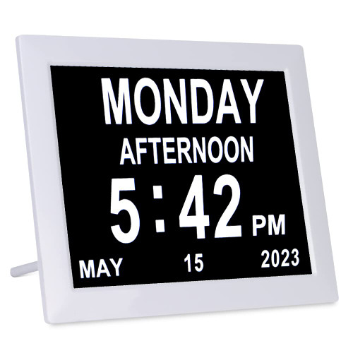 Golony 8 inch Digital Day Dementia Clock for Seniors,Alzheimers Medication Reminders Calendar Clock with Large Day of The Week, Date Time for Elderly Vision Impaired, Memory Loss, Polished White